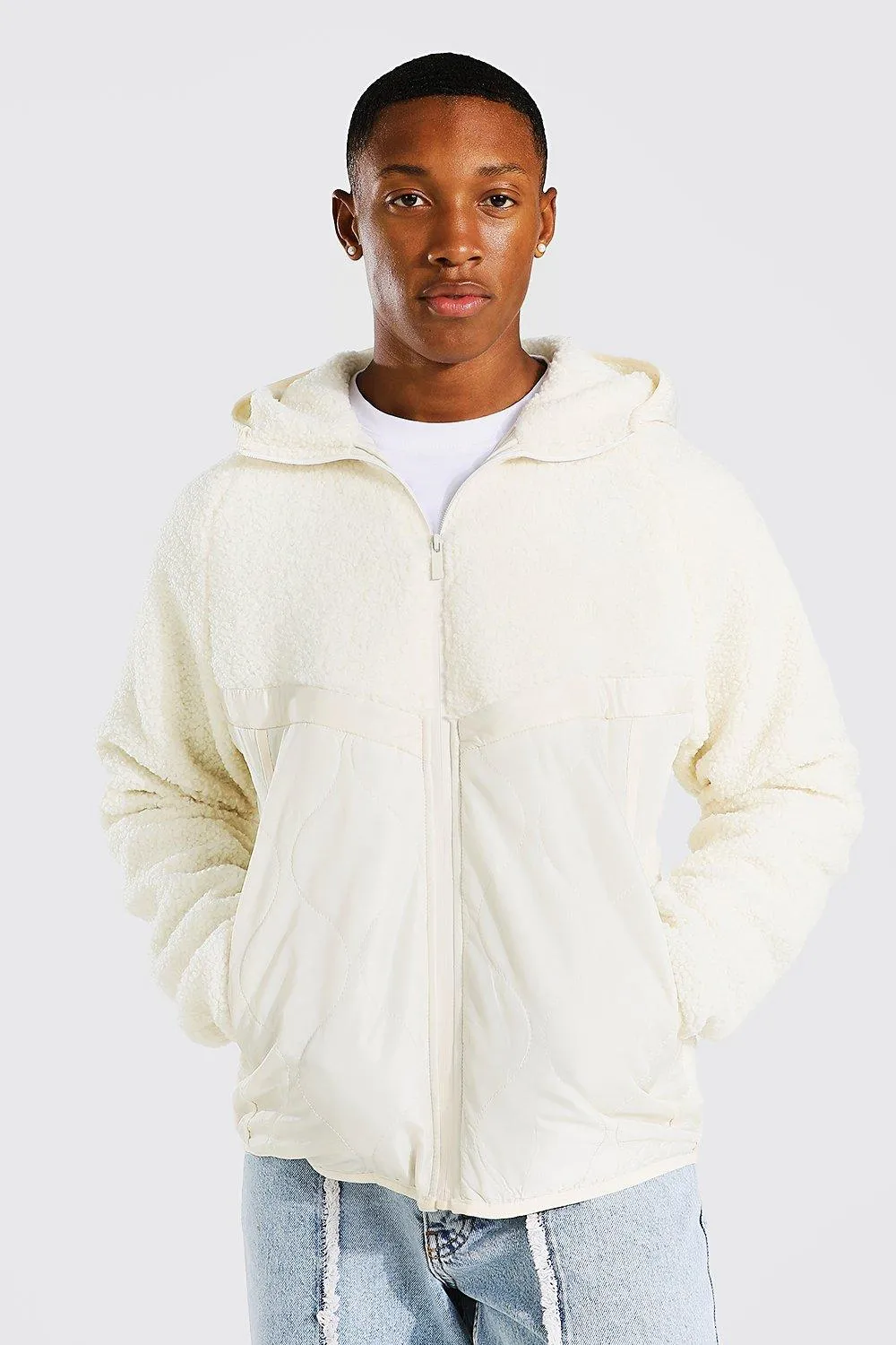 Borg Zip Through Jacket With Quilted Panels | boohooMAN UK