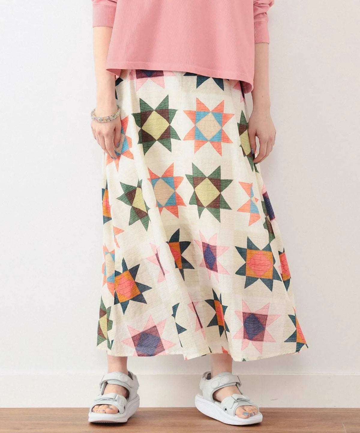 Boy Quilt Print Long Skirt - Ivory