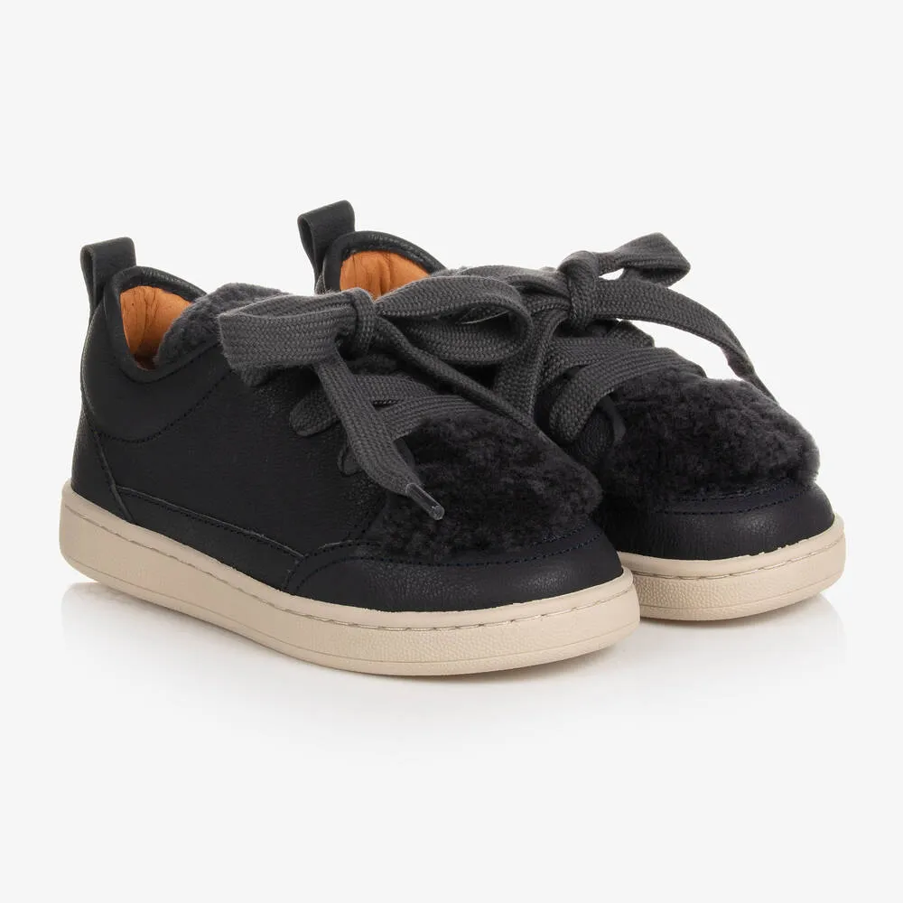 Boys Blue Leather & Fleece Trainers