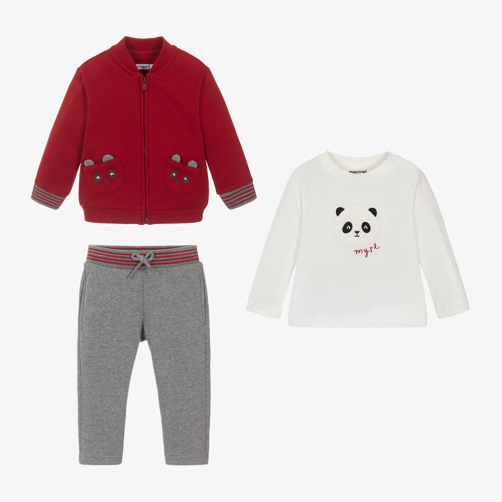 Boys Red & Grey Cotton Panda Tracksuit Set
