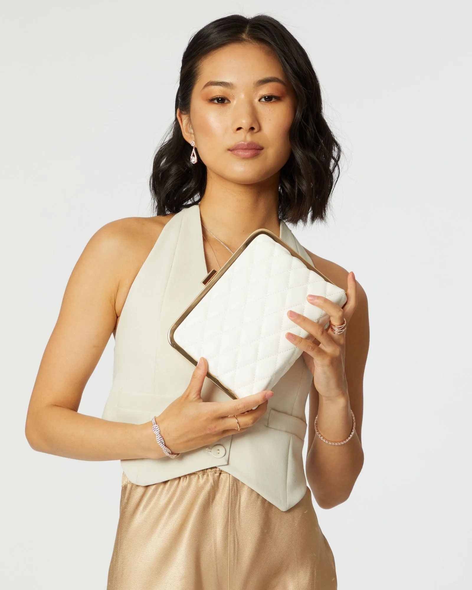 Britt Clasp Quilted White Clutch Bag