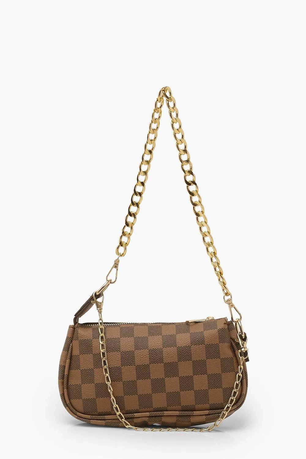 Brown Checked Clutch Bag With Simple Chain