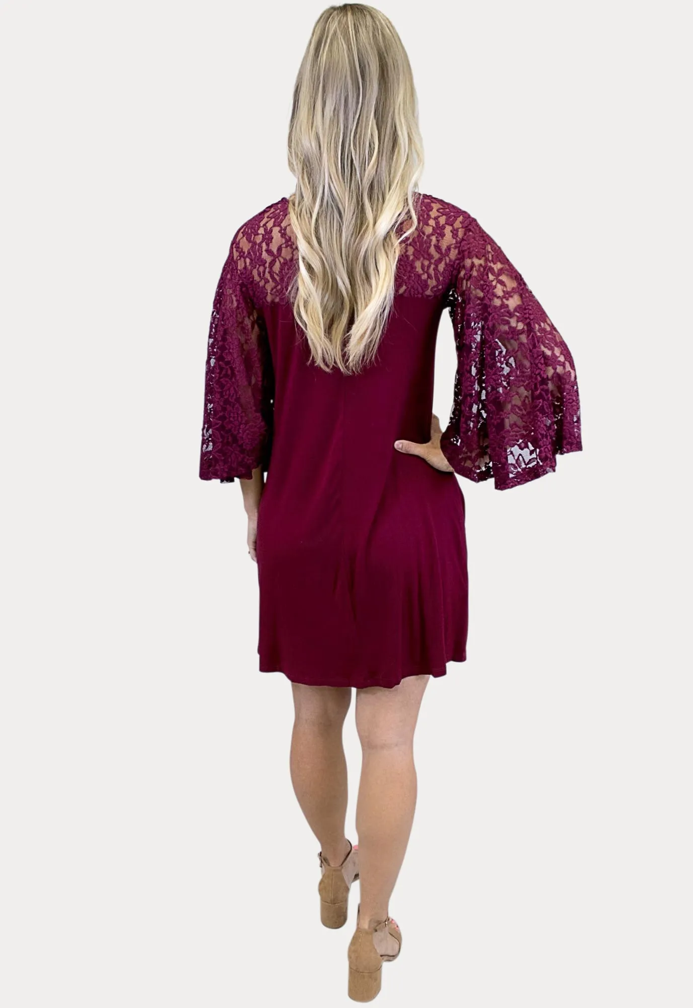 Burgundy Lace Maternity Dress with Flowy Sleeves