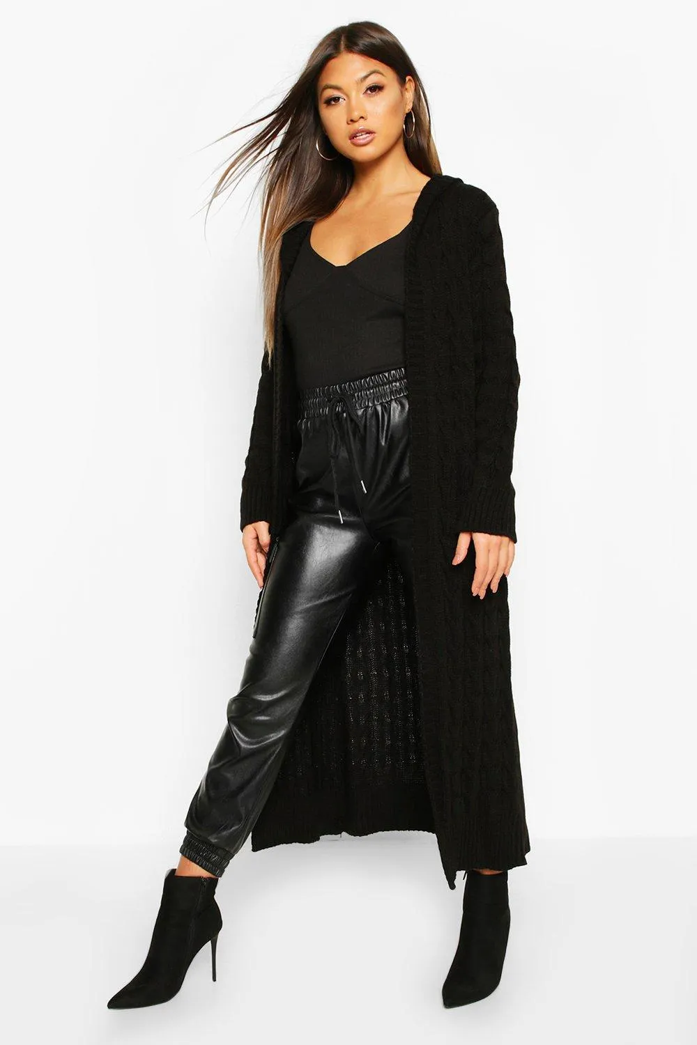 Cable Knit Hooded Maxi Cardigan