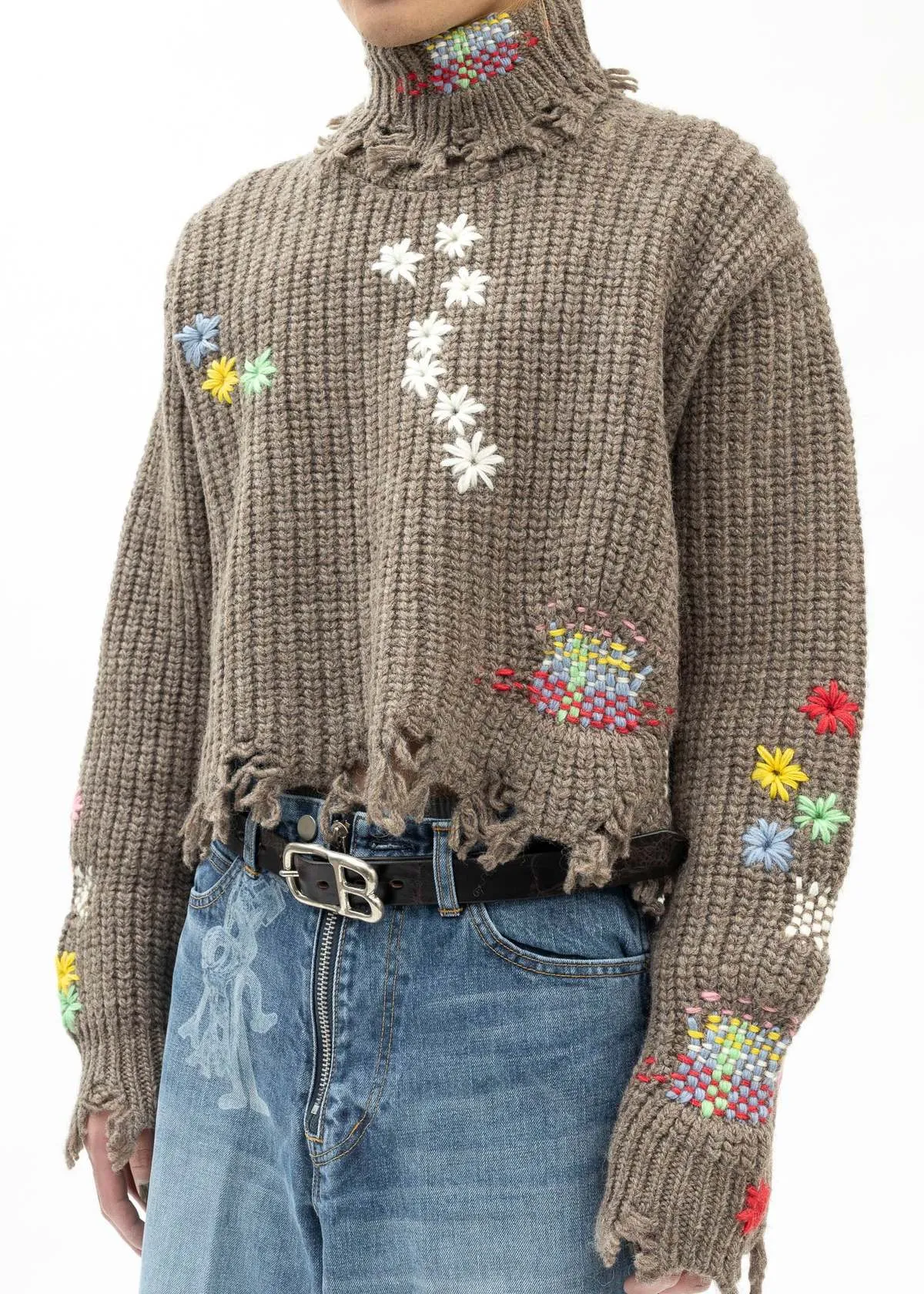 CAMEL DARNING CUT OFF KNIT PULLOVER - brown