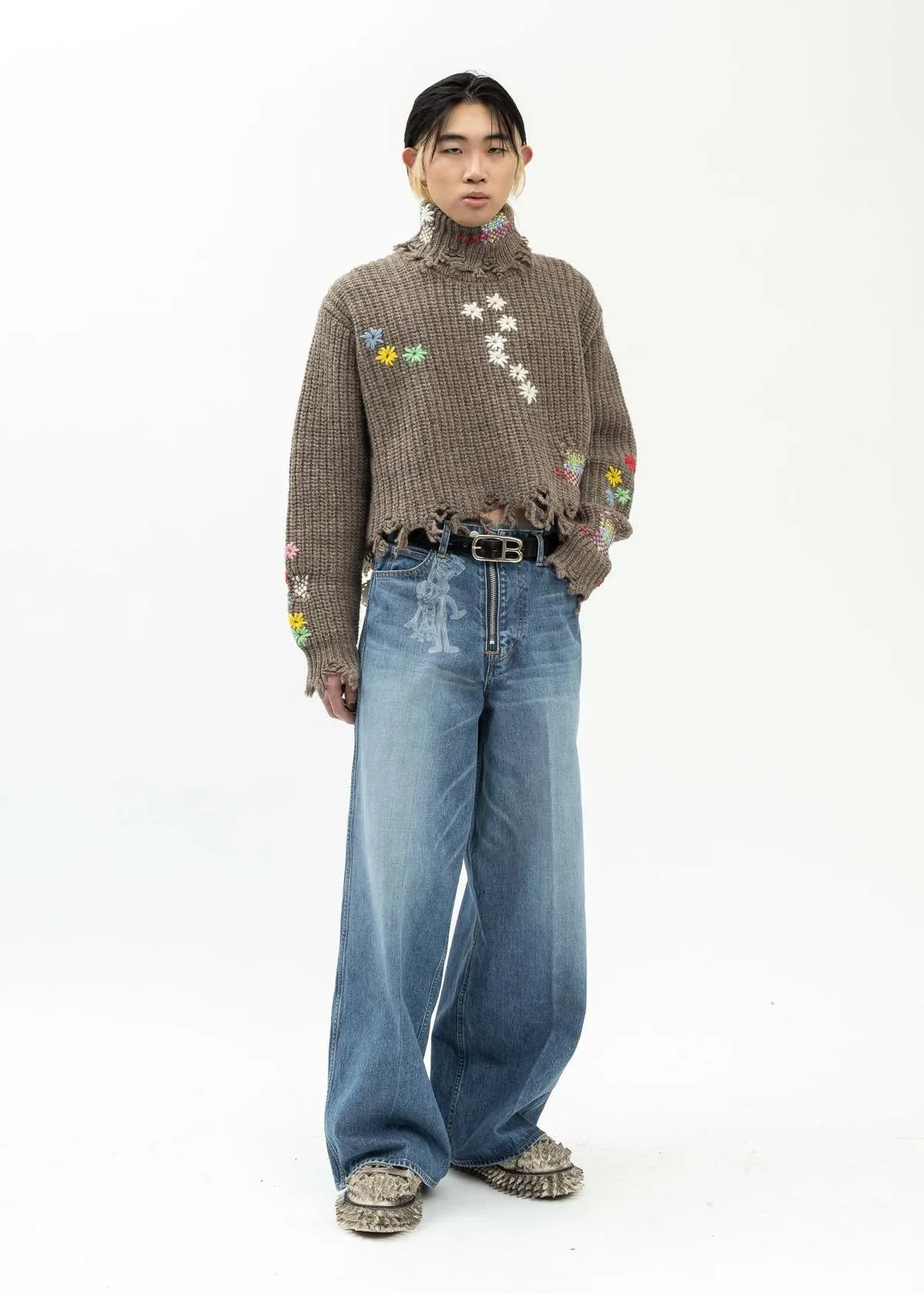 CAMEL DARNING CUT OFF KNIT PULLOVER - brown