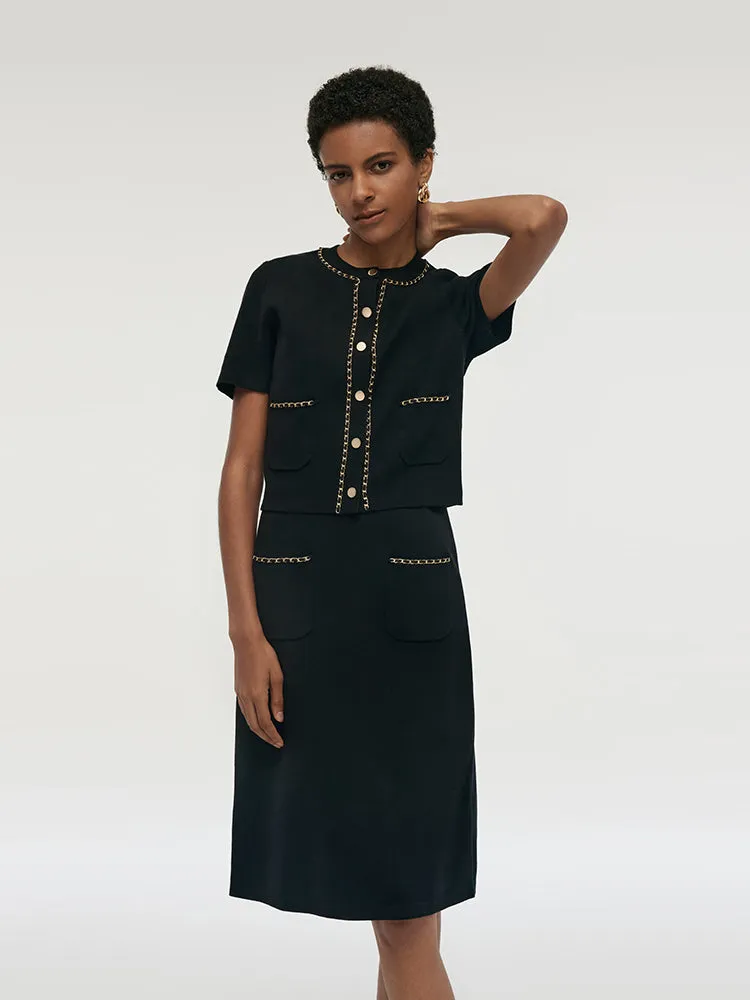 Chain Trim Knitted Jacket And Vest Dress Two-Piece Set 