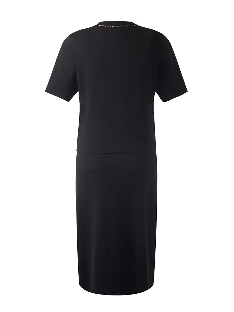 Chain Trim Knitted Jacket And Vest Dress Two-Piece Set 