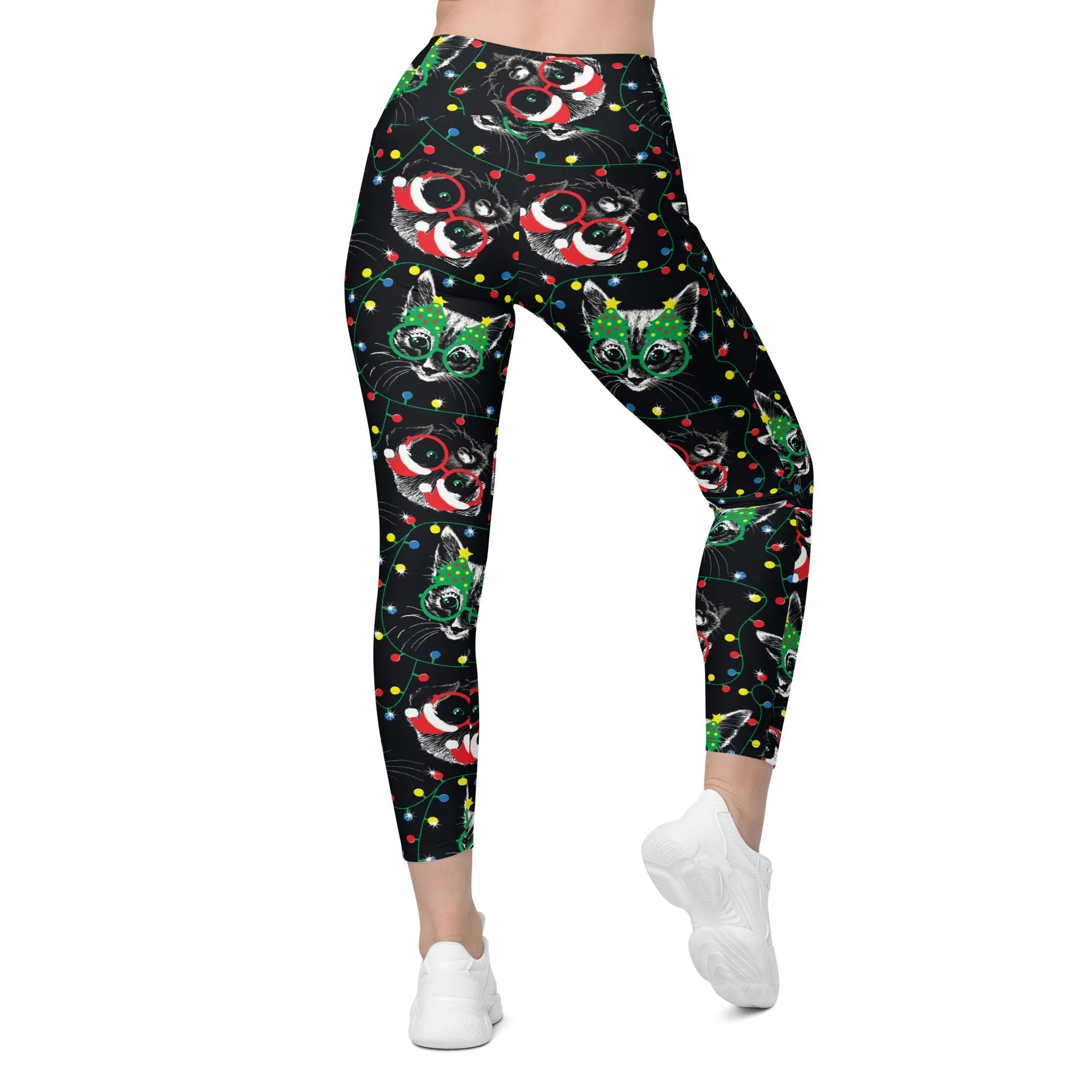 Christmas Lights & Cats Leggings With Pockets