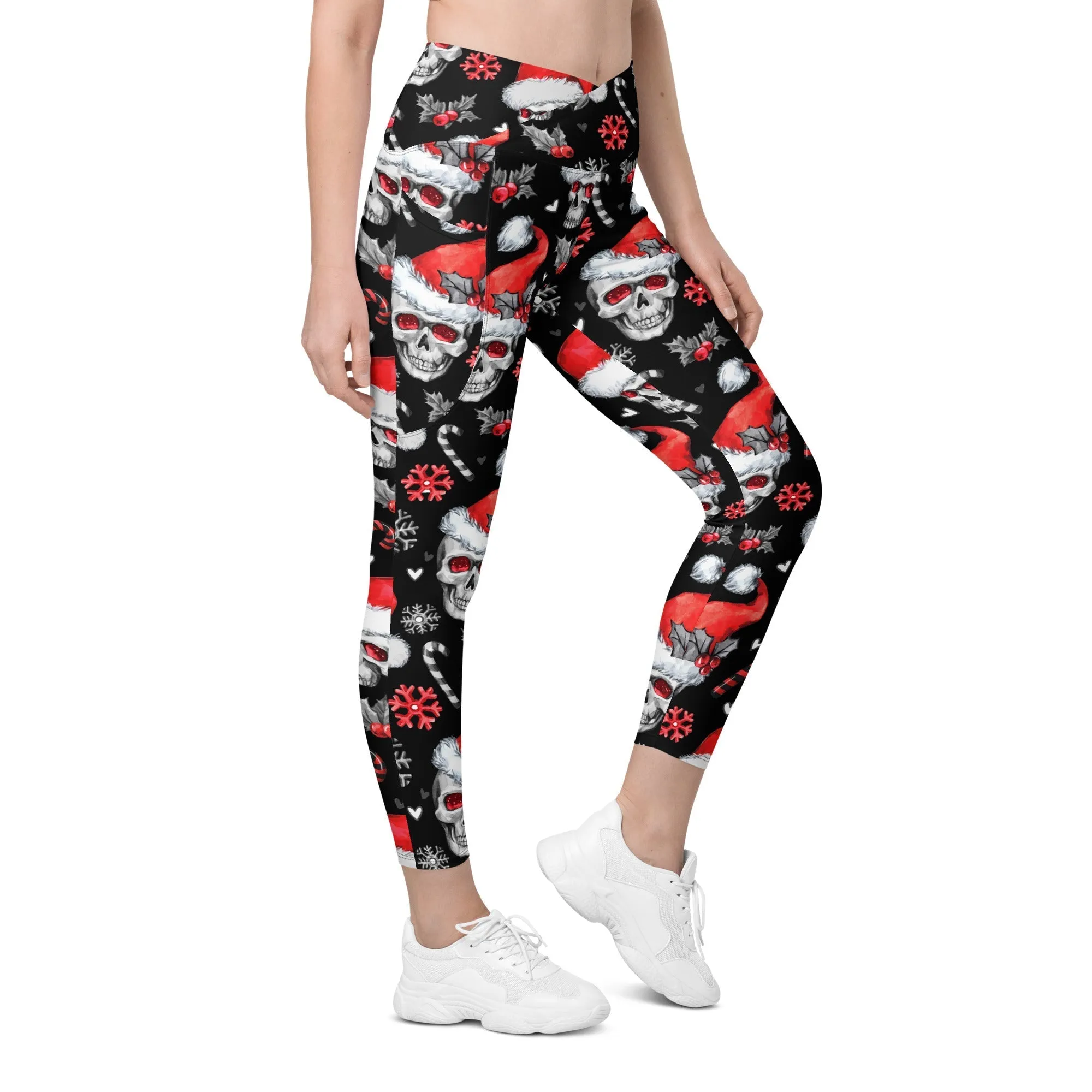 Christmassy Skulls Crossover Leggings With Pockets