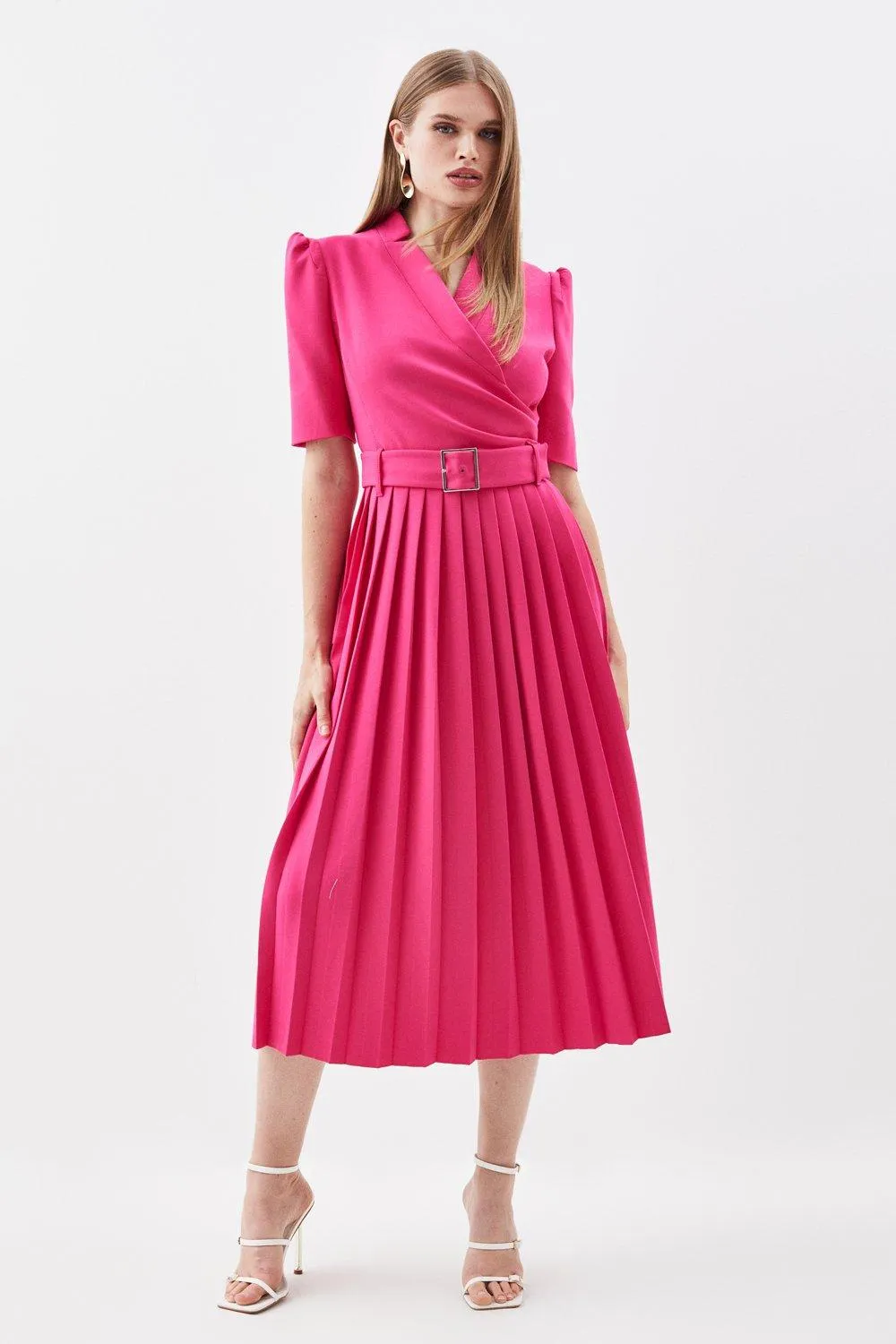 Compact Stretch Notch Neck Wrap Belted Forever Midi Dress | Karen Millen