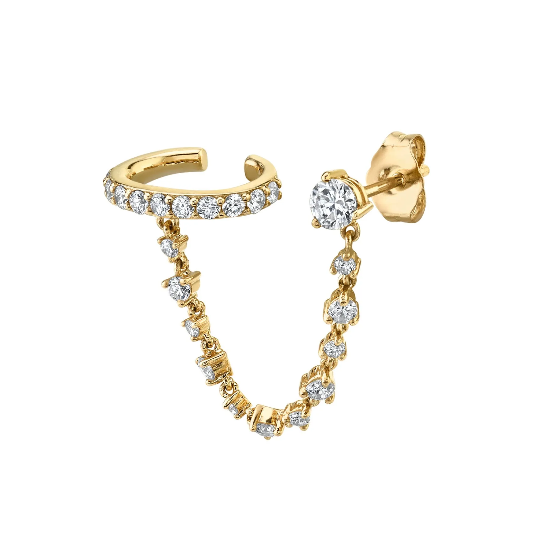 Connected Stud and Cuff Tennis Chain Earring - White Diamond / 14k Yellow Gold