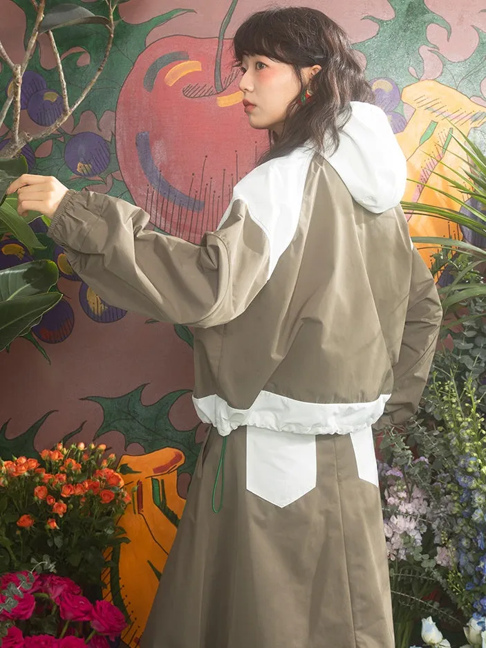 Contrast Stitching Hooded Windbreaker & Patchwork A-Line Skirt