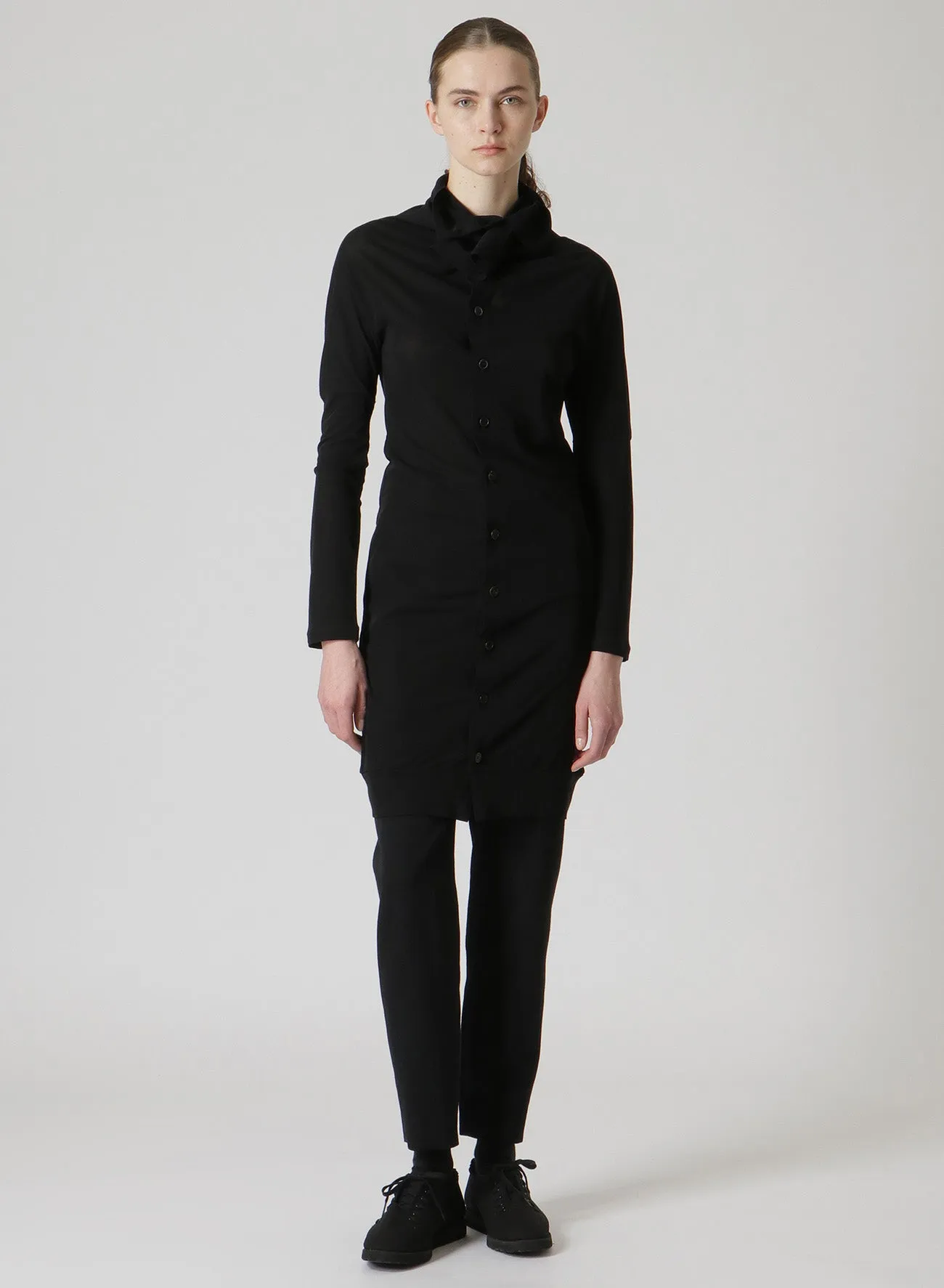 COSMORAMA COTTON DRAPED LONG SLEEVE BUTTON-UP TURTLENECK TOP