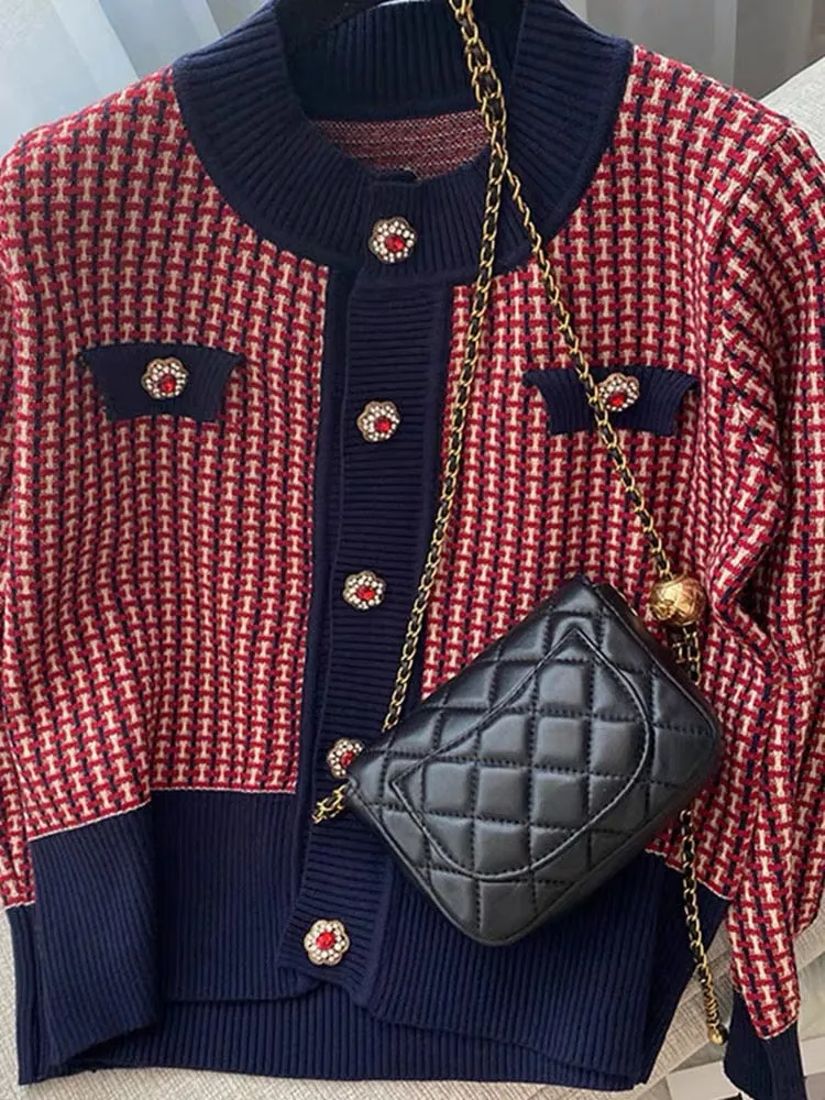Cotton color European design niche round neck loose contrasting plaid short knitted cardigan sweater for women winter new style 