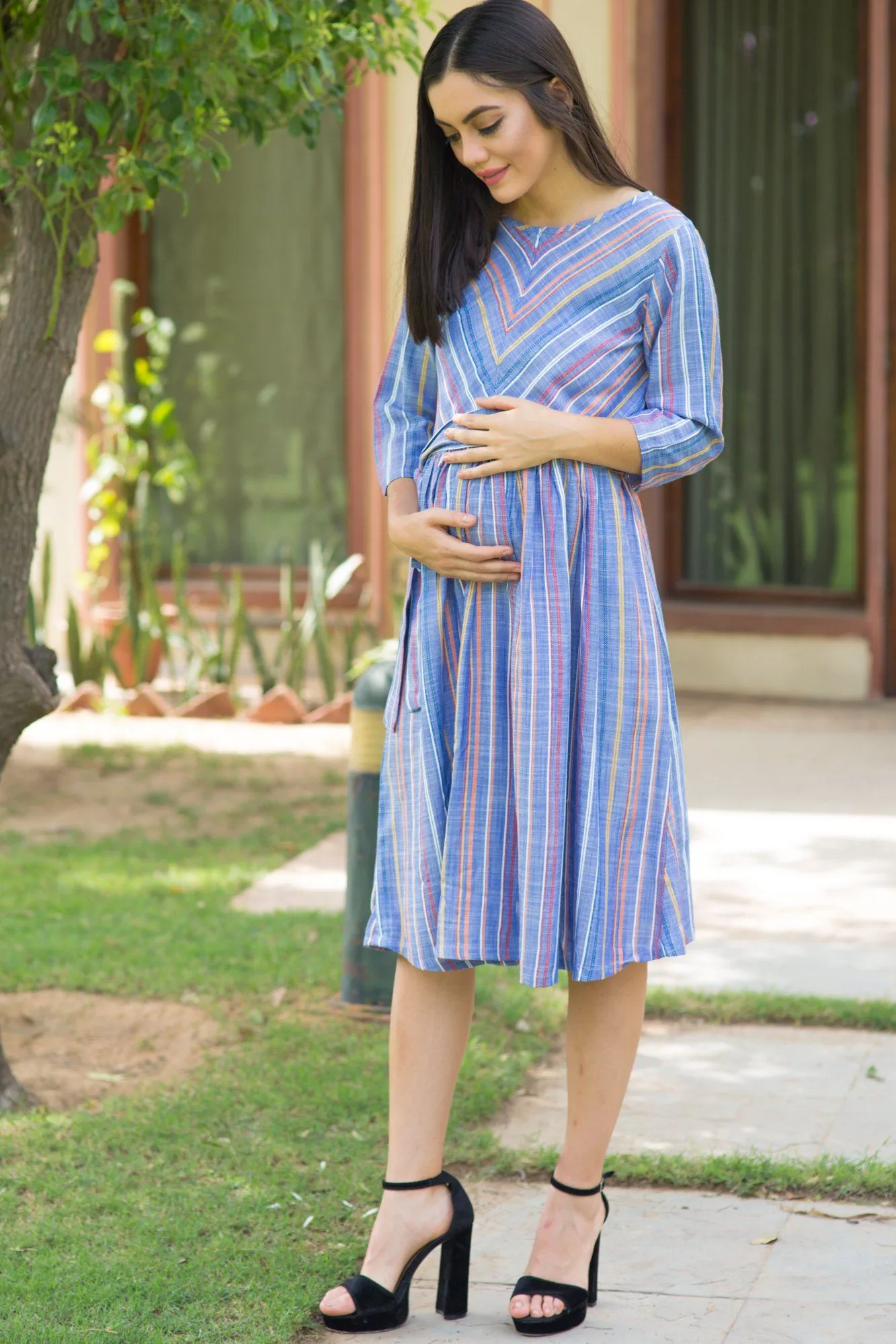 Cotton Denim Striped Maternity & Nursing Dress