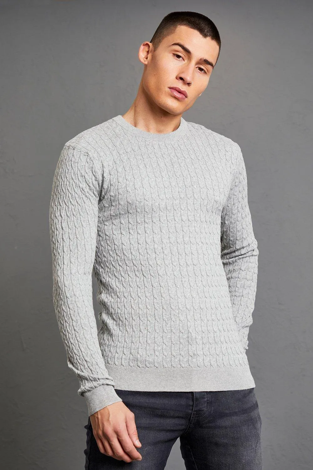 Cotton Muscle Crew Neck Cable Jumper | boohooMAN UK