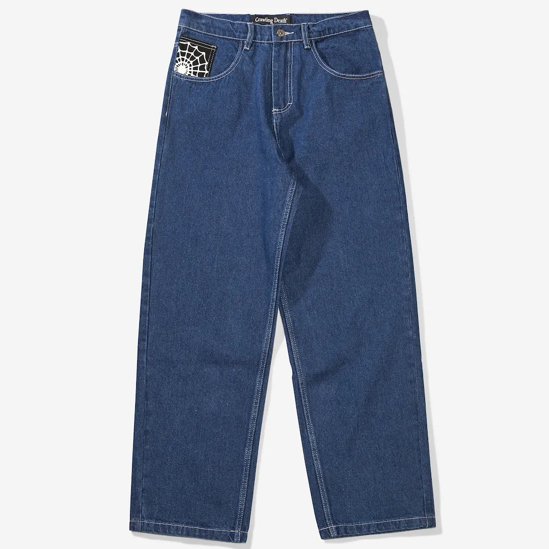 Crawling Death Web Denim Jeans Blue + White Stitch