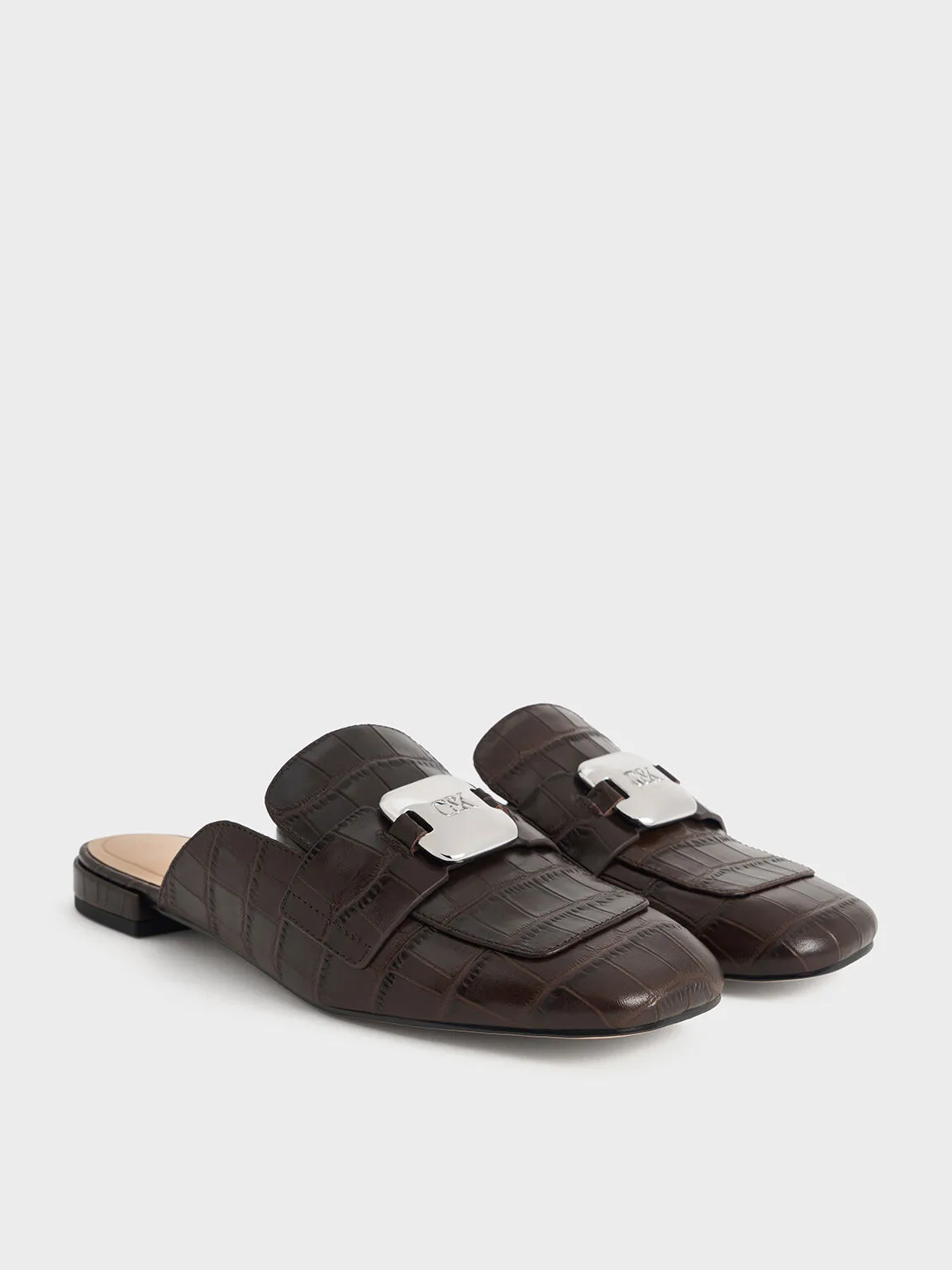 Croc-Effect Leather Metallic-Accent Loafer Mules - Dark Brown