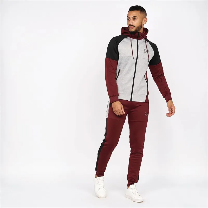 Crosshatch Mens Purbeck Tricot Panel Tracksuit Burgundy/Grey