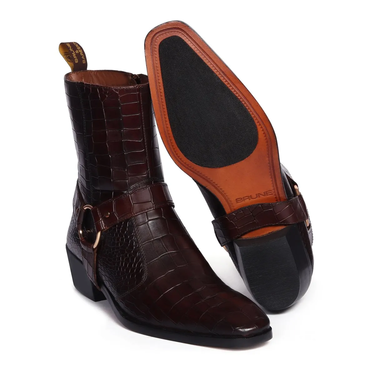 Cuban Heel Dark Brown Boots with Removable Buckle Strap Deep Cut Croco Textured Leather