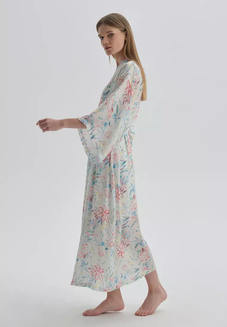 DAGİ Ecru Printed Robe, Floral, Regular Fit, Homewear And Sleepwear for Women