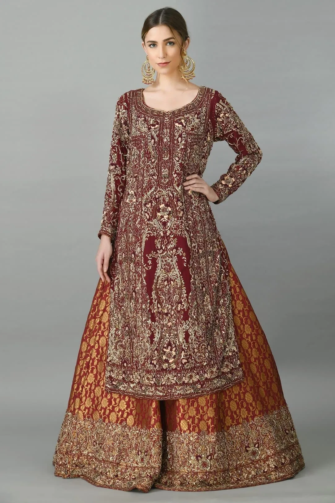 Dark Red Kameez Lehenga
