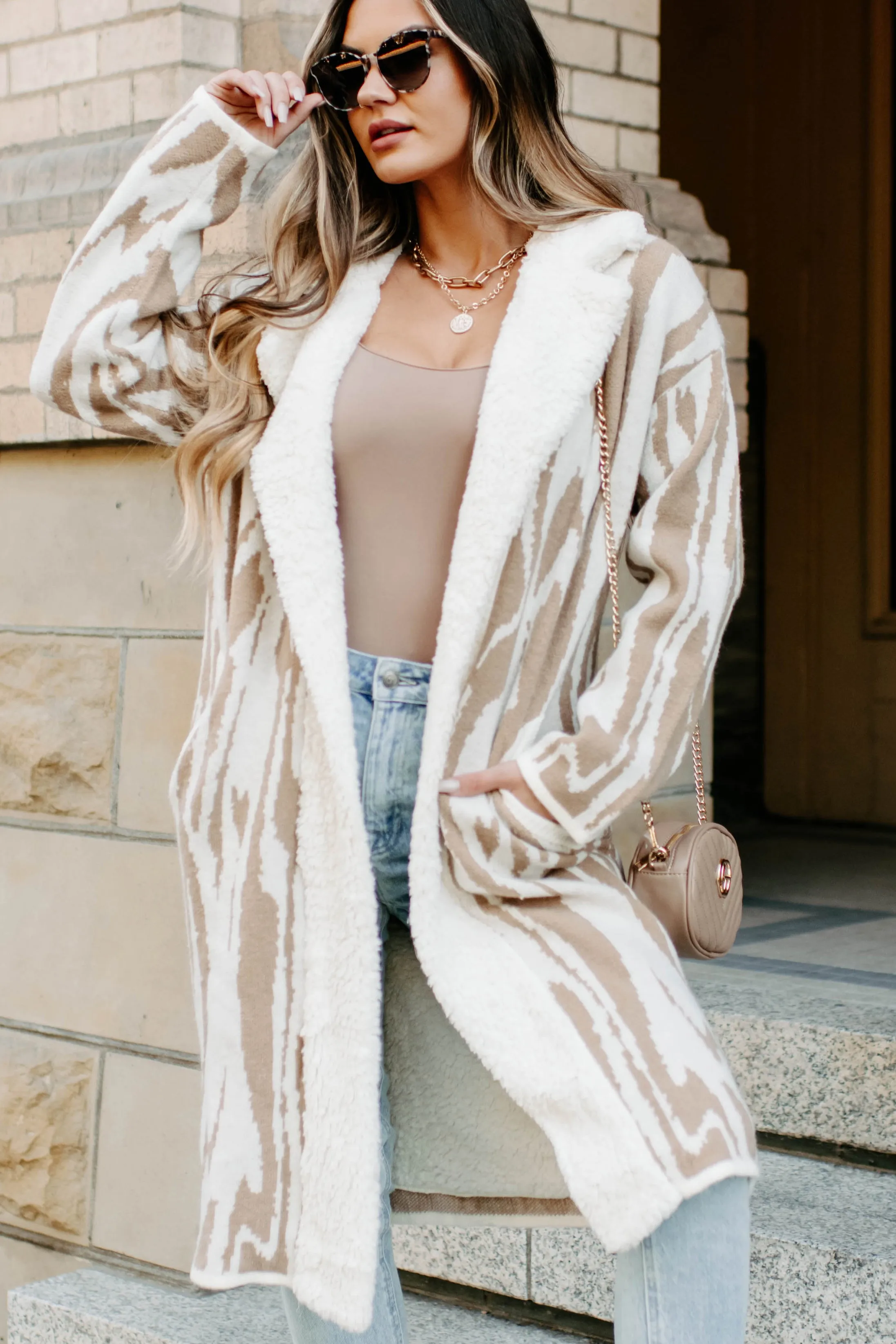 Deep In My Thoughts Sherpa Lined Cardigan (Cream/Tan)