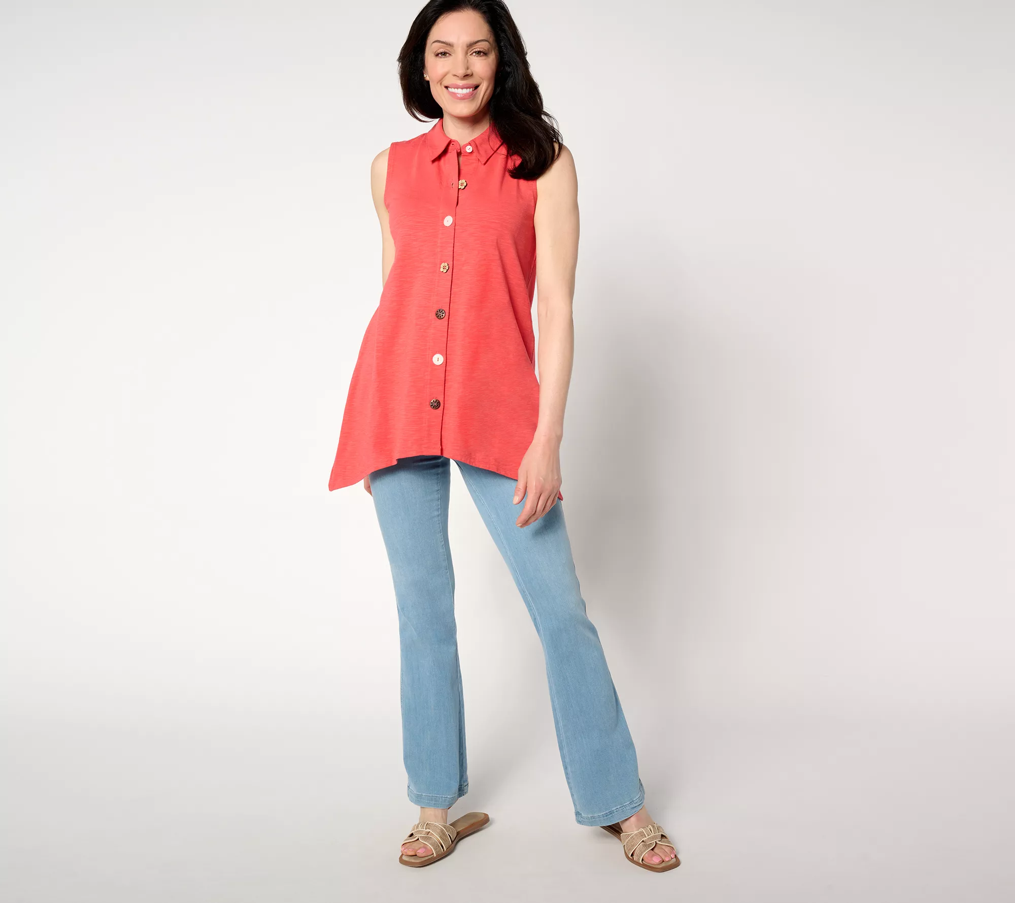 Denim & Co. Petite Texture-Knit Sharkbite Hem Button Tunic