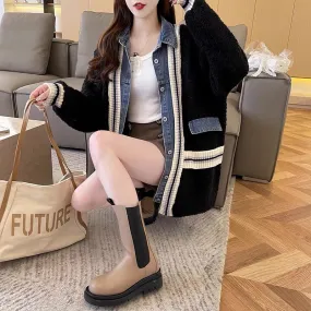 Designed denim splicing sweater cardigan for women 2023 new autumn casual loose and versatile knitted jacket (S0611)