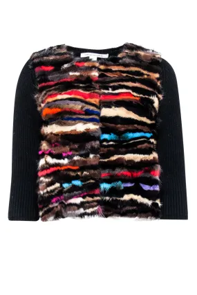 Diane von Furstenberg - Rainbow Mink Front Black Wool Cardigan Sz P