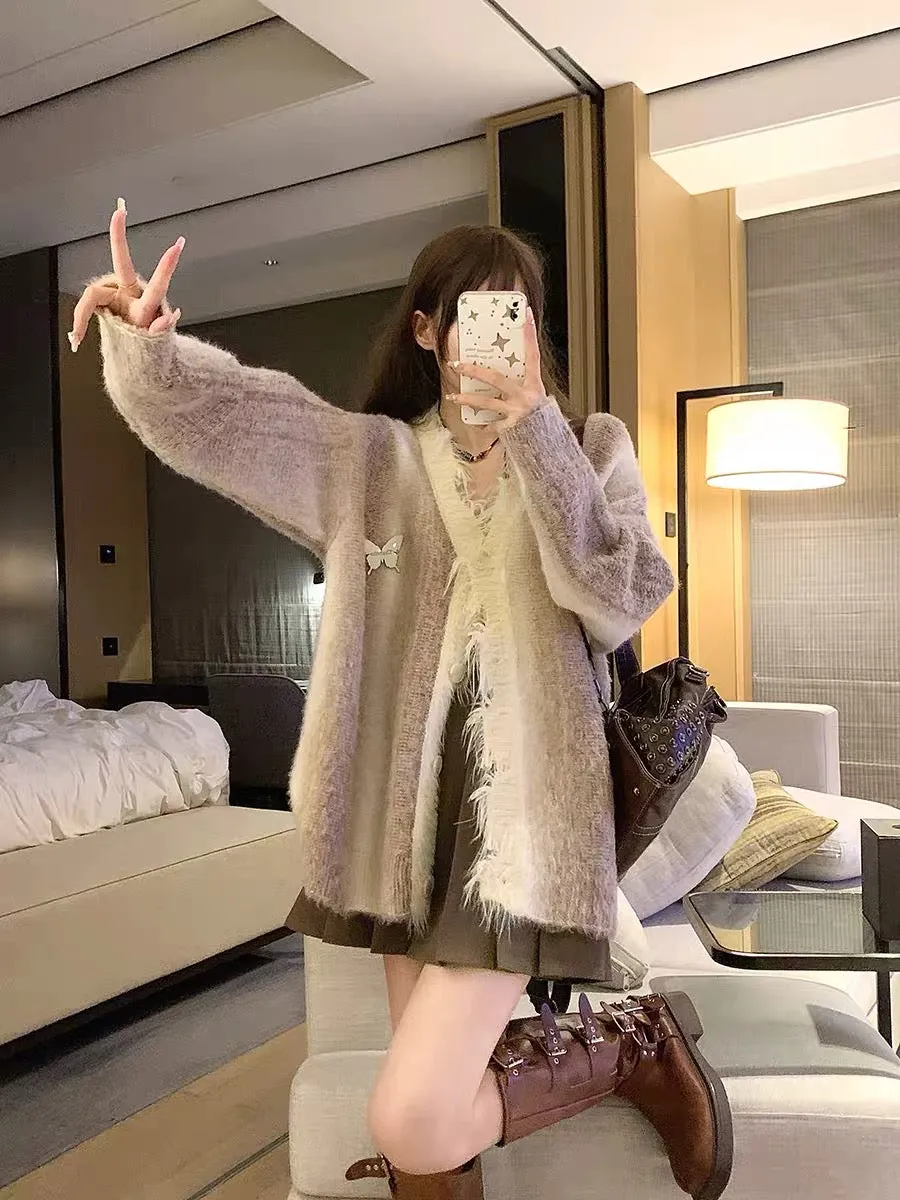 DOPS autumn and winter new mixed color gradient niche high-end butterfly tassel raw edge knitted cardigan sweater women's long s