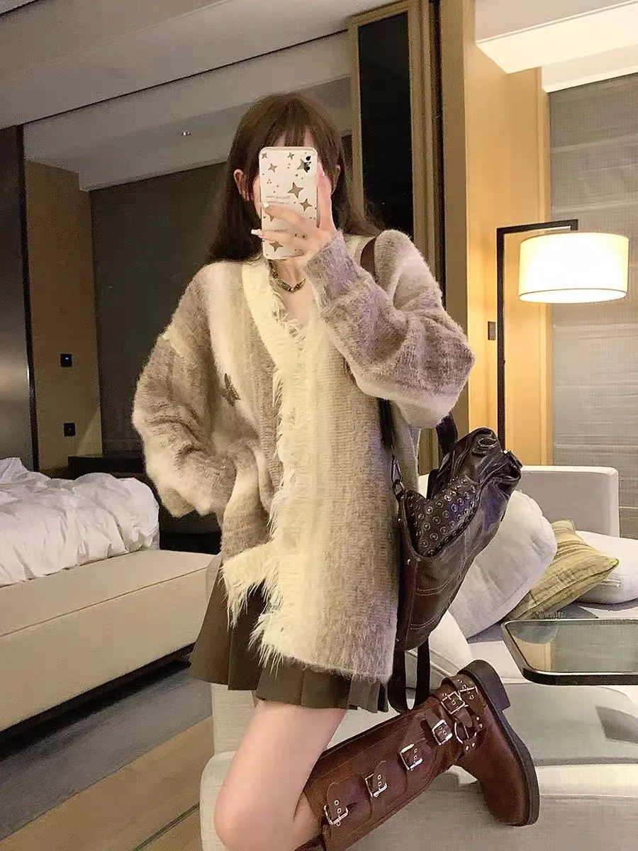 DOPS autumn and winter new mixed color gradient niche high-end butterfly tassel raw edge knitted cardigan sweater women's long s