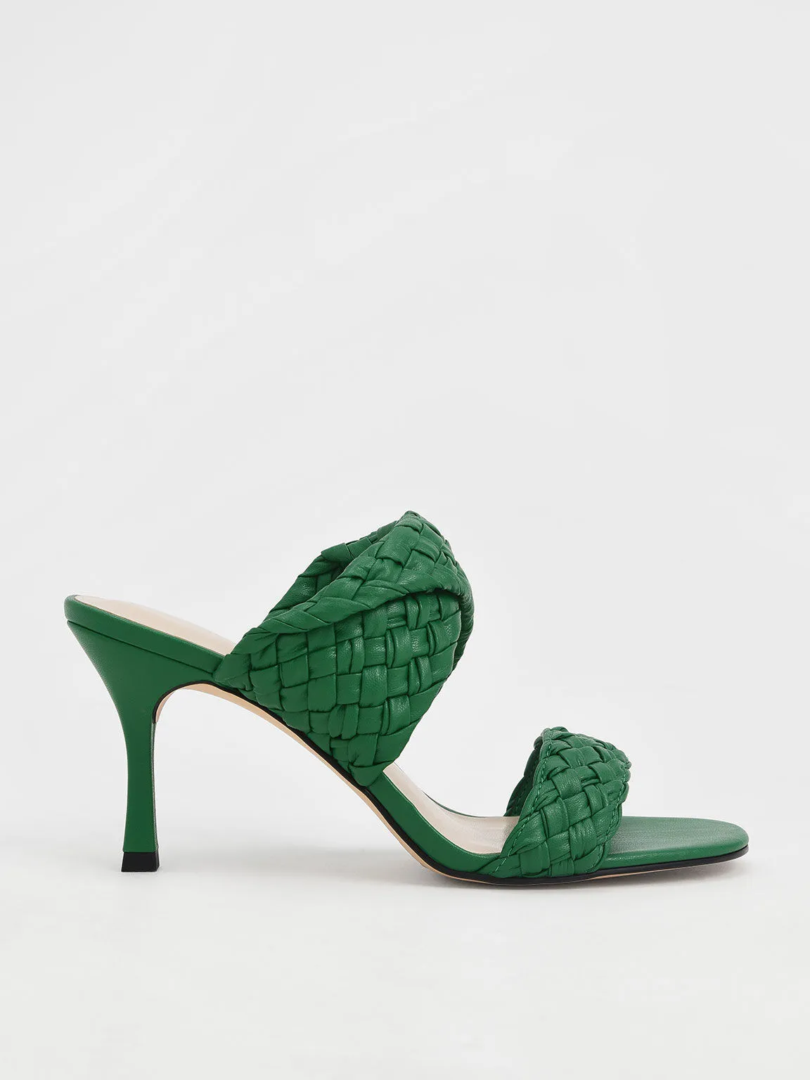 Double Strap Woven Heeled Mules - Green