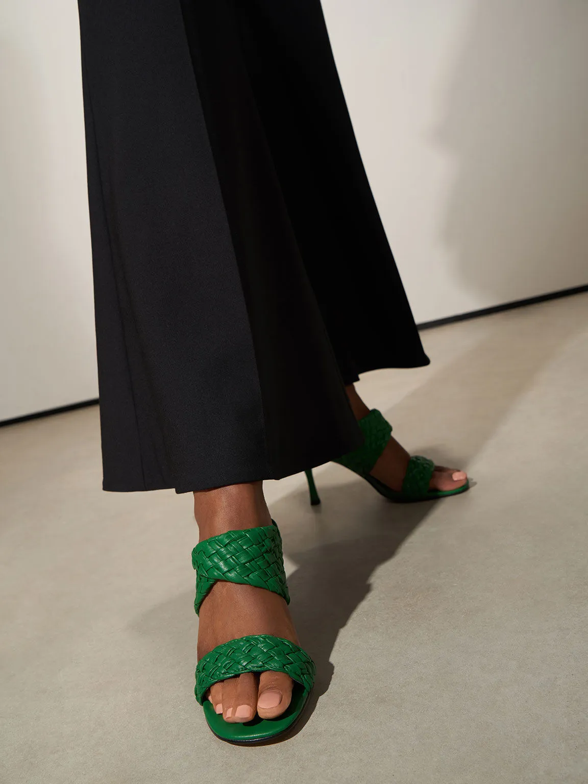 Double Strap Woven Heeled Mules - Green