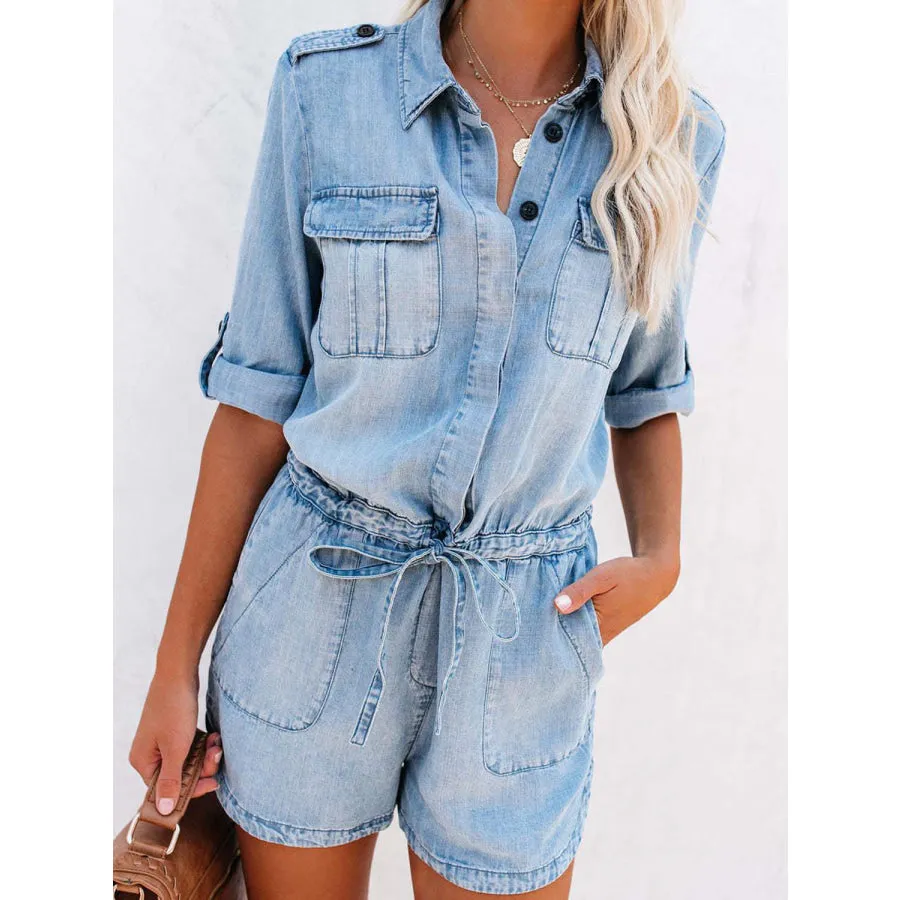 Drawstring Half Button Half Sleeve Denim Romper