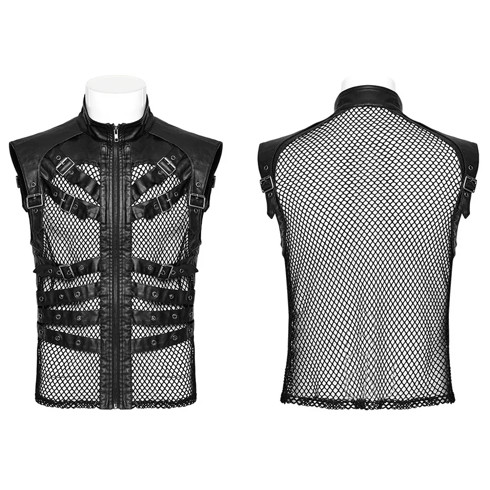 Edgy Zippered Black Punk Leather Vest With Mesh Back