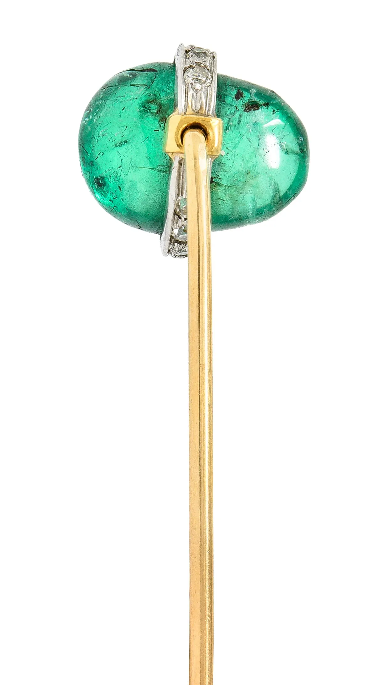 Edwardian 4.65 CTW Emerald Diamond Platinum 14 Karat Gold Gemstone Stickpin