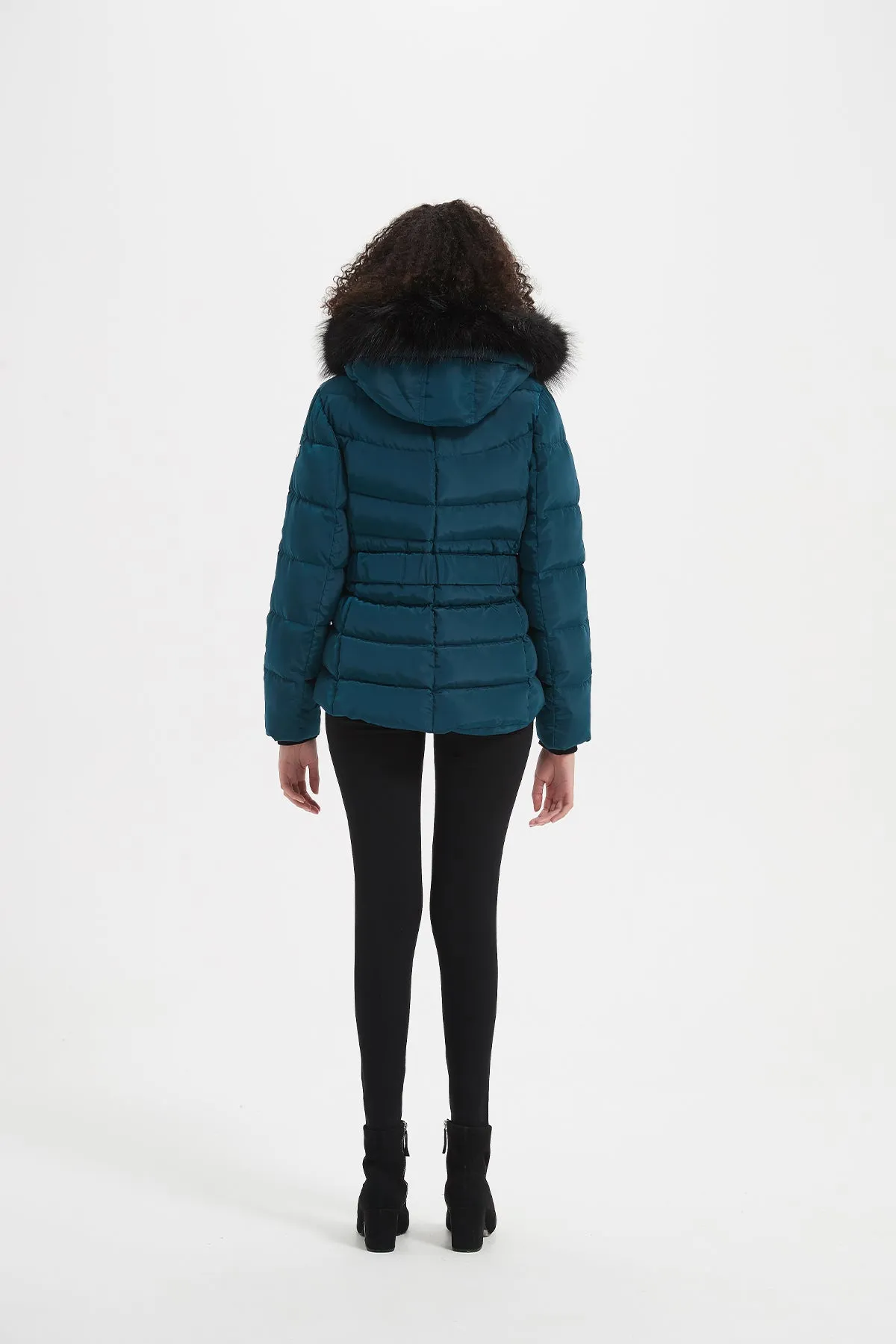 Elastic Waist Short Puffer Jacket with Furry Hood