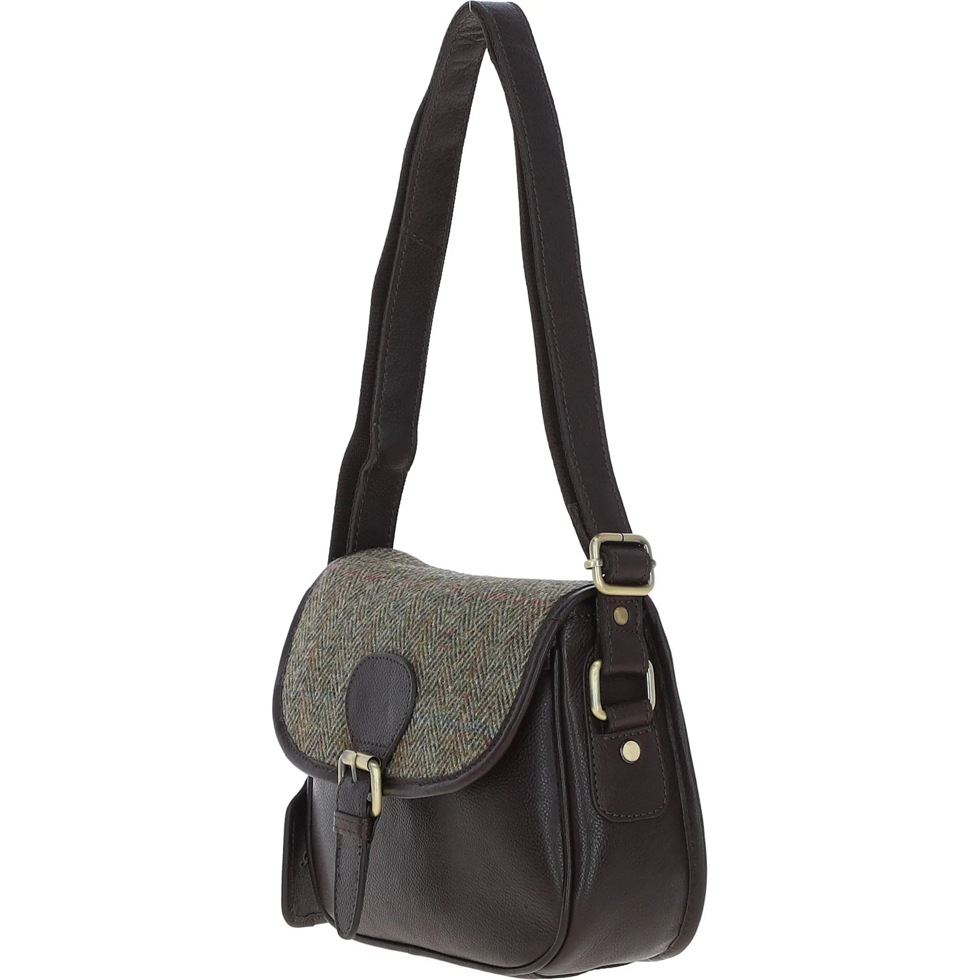 Elegant Ashwood Leather & Harris Tweed Crossbody Bag Brown/Green: TW-27-09-BG