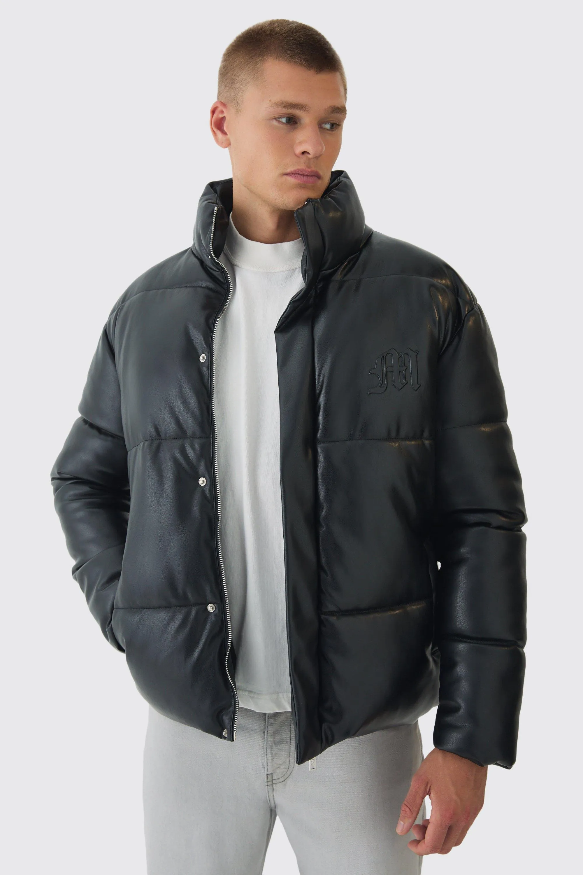 Embossed Logo PU Funnel Neck Puffer In Black