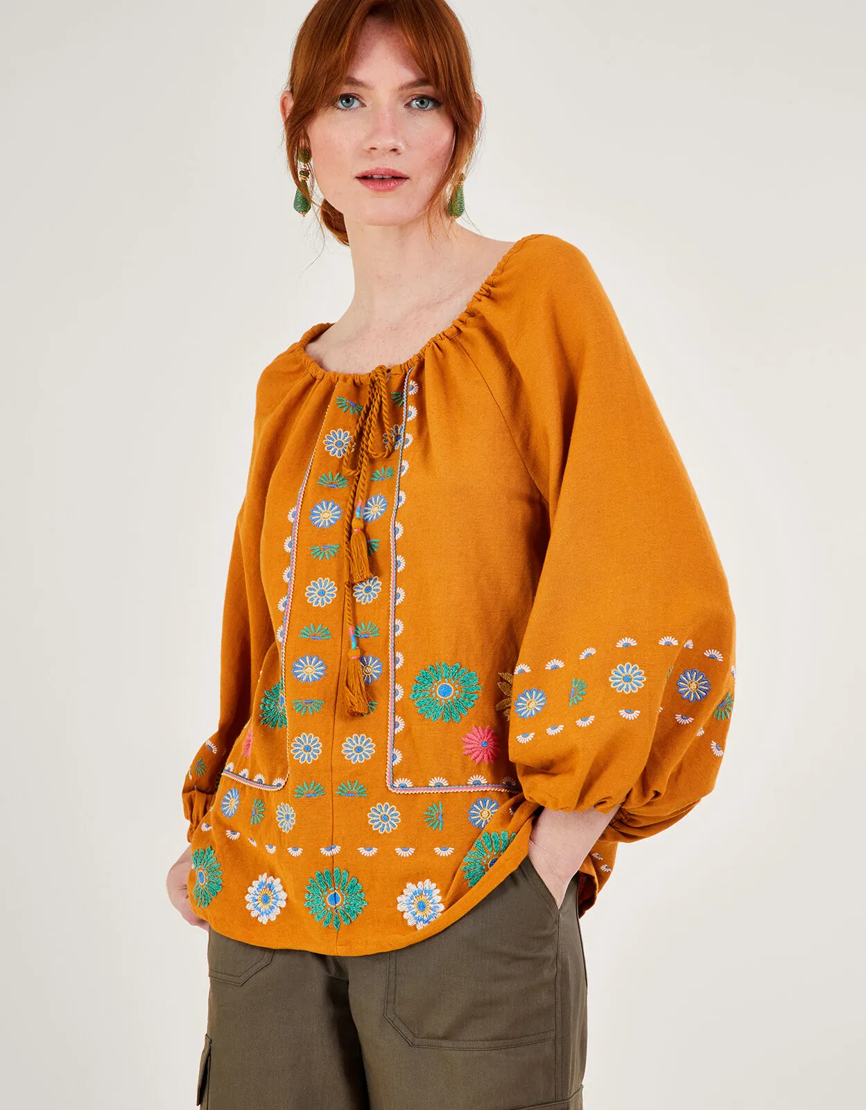 Embroidered Flower Tunic Top in Linen Blend Yellow