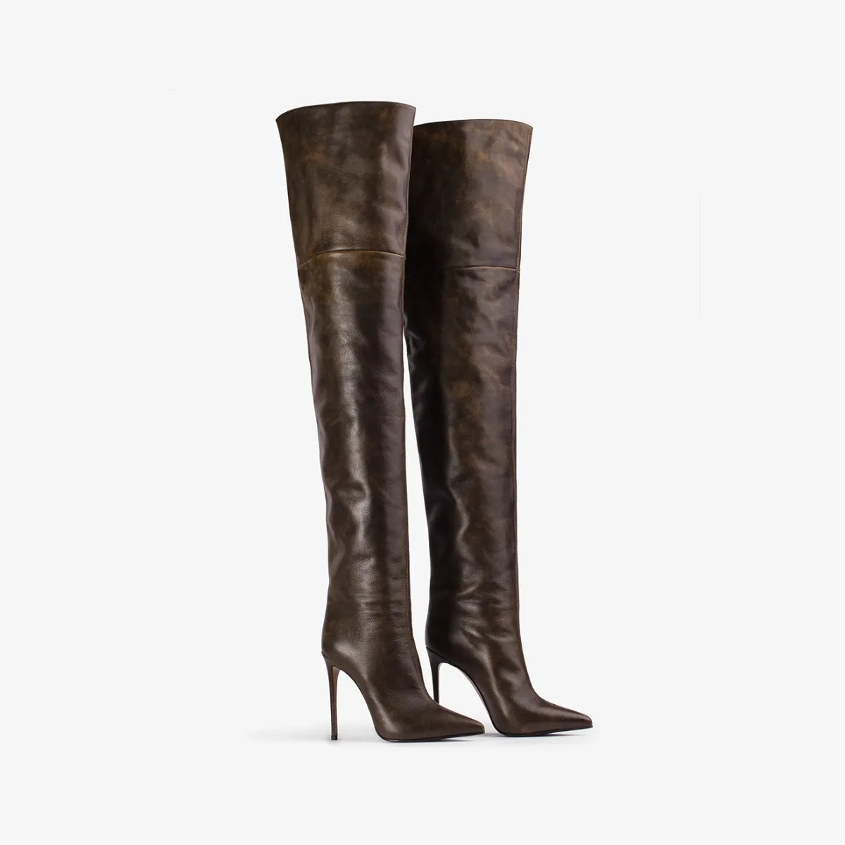 EVA THIGH-HIGH BOOT 120 mm Brown vintage effect leather oversized over-the-knee boot