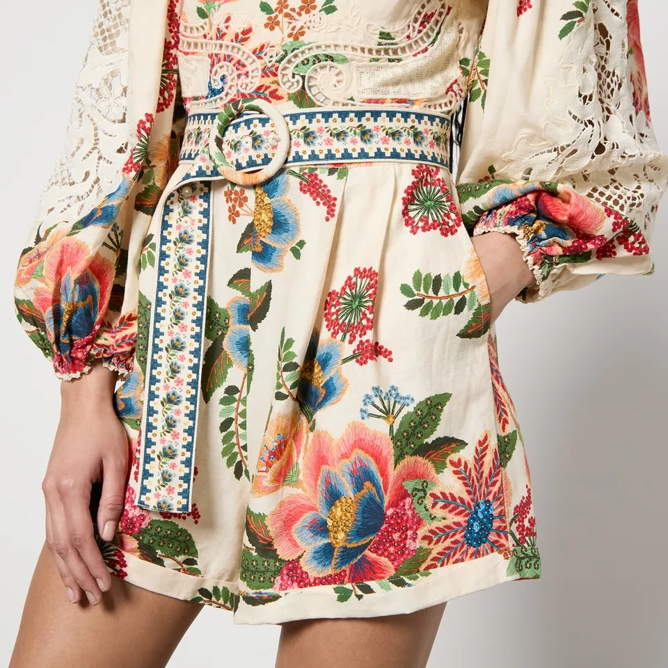 Farm Rio Floral-Print Linen-Blend Romper - XL | Coggles