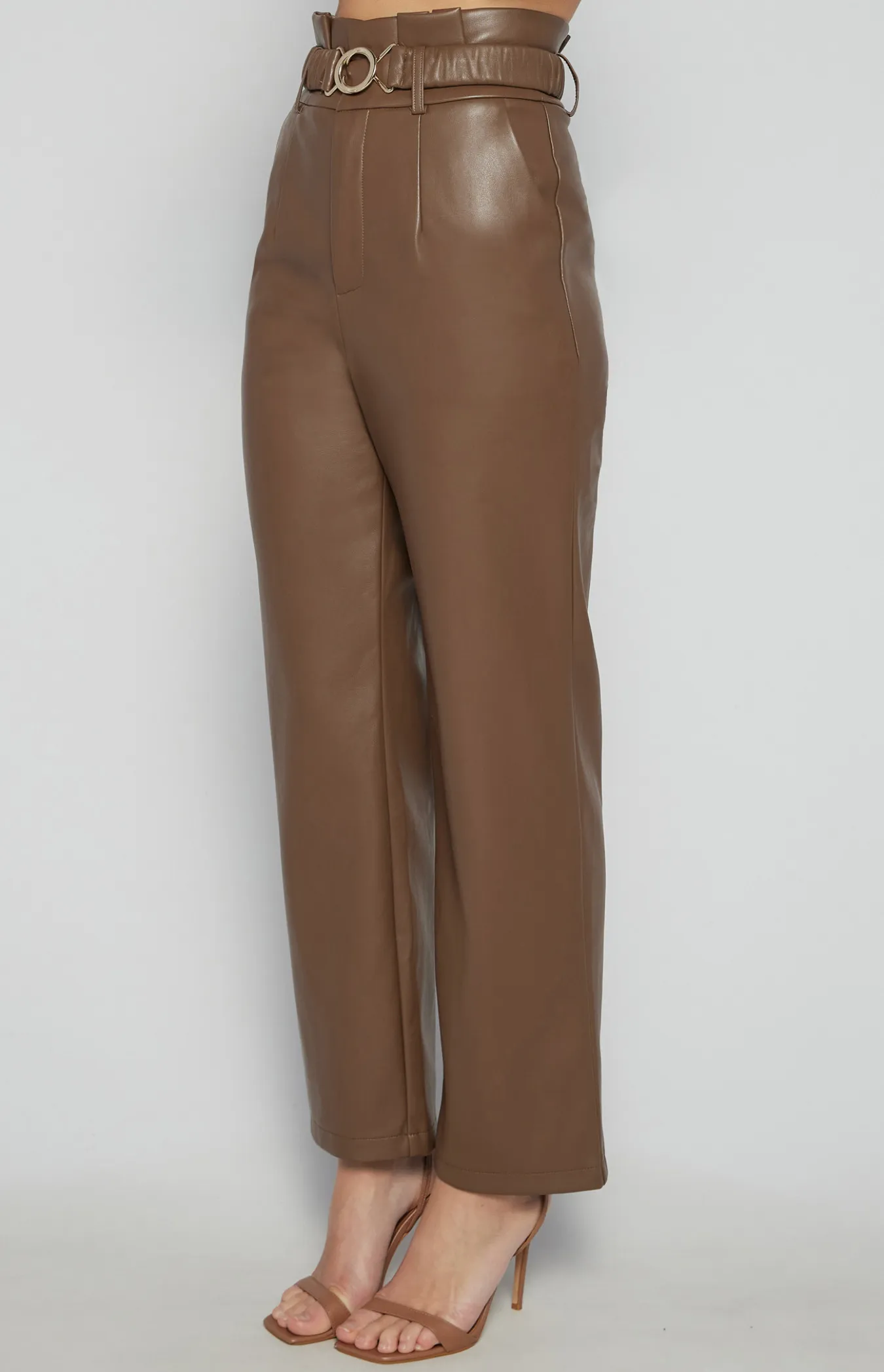 Faux Leather Paper Bag Waist Pants with Gold Buckle (SPA471B)