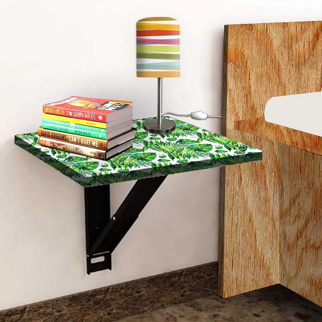 Folding Side Table for Bedroom - Dark Green Tropical Leaf