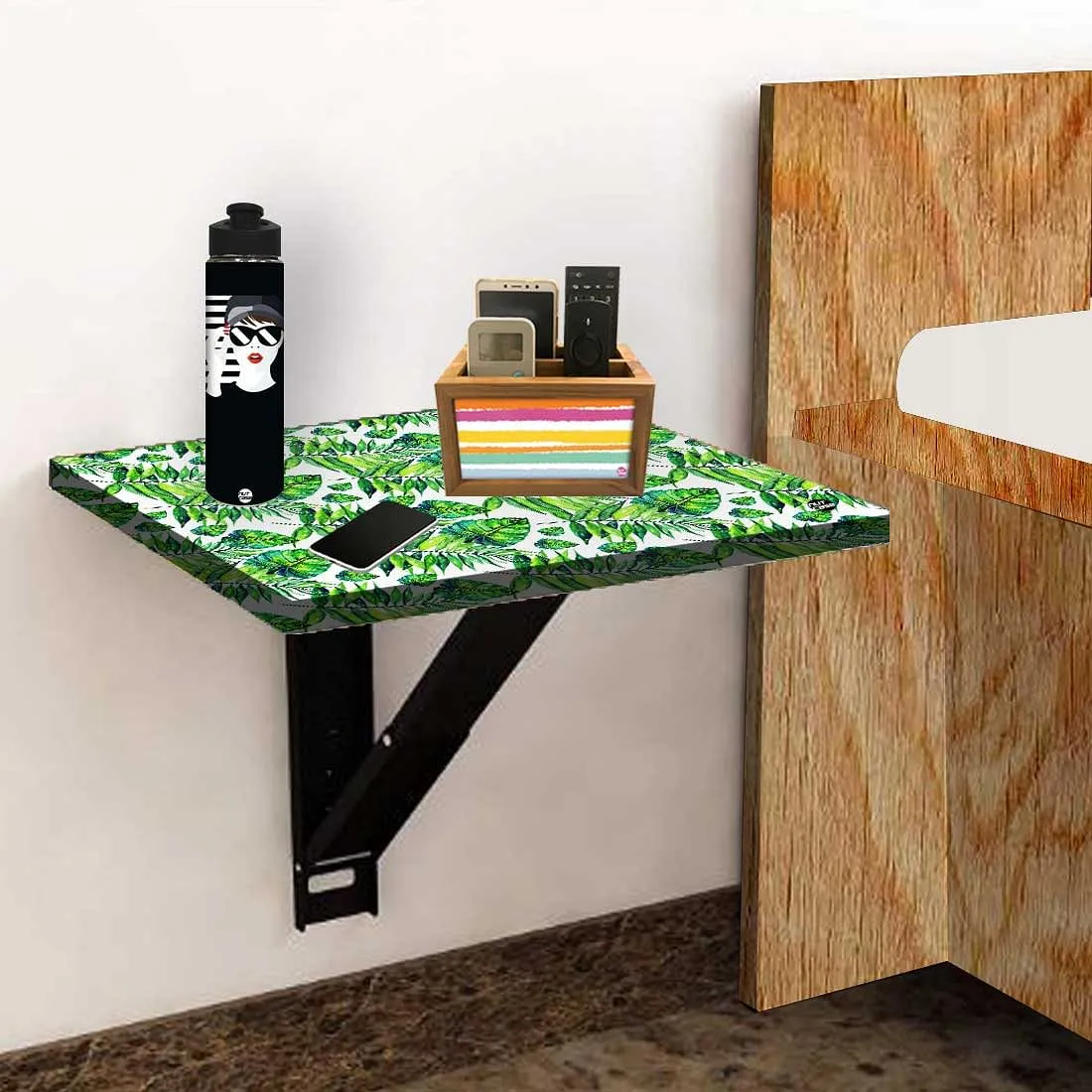 Folding Side Table for Bedroom - Dark Green Tropical Leaf
