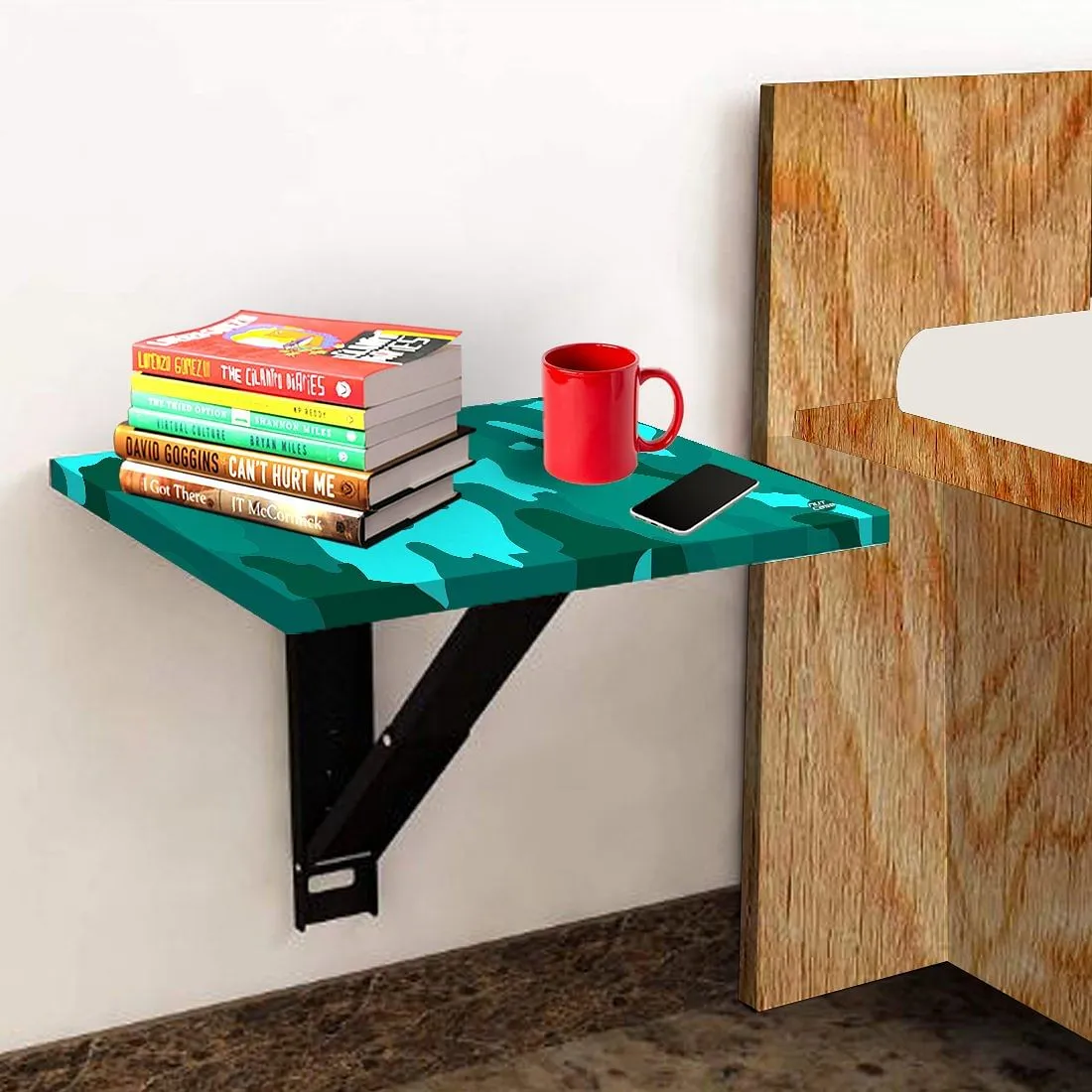 Folding Wall Hanging Bedside Table - Army Camouflage Green