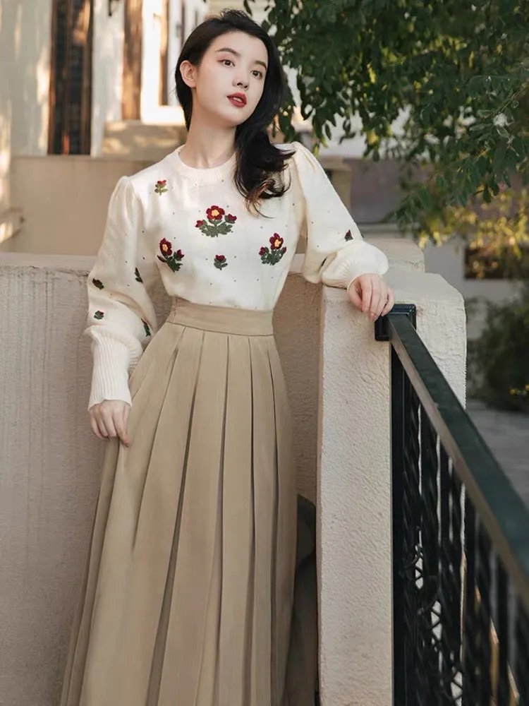 French autumn and winter new style retro embroidered small red flower knitted sweater and pleated skirt two-piece set with sweet