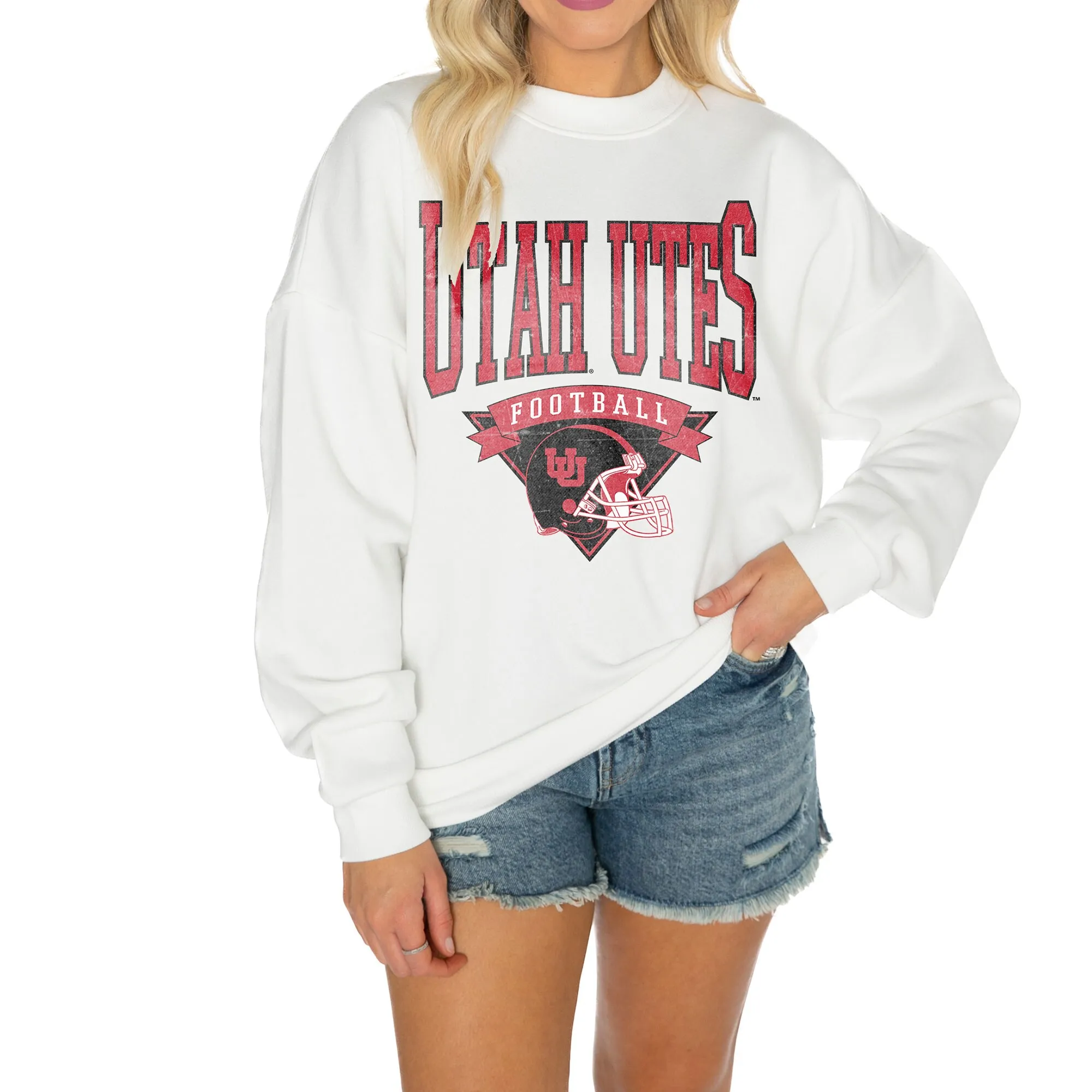 Gameday Couture Utah Utes Women's White Good Vibes Premium Fleece Drop Shoulder Pullover Sweatshirt